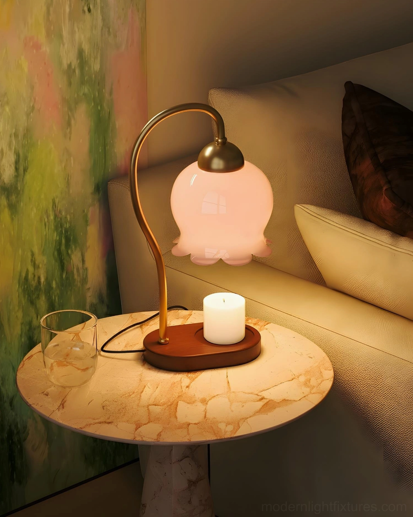 Meliora candle warmer lamp cozy ambiance sofa side table with candle and glass