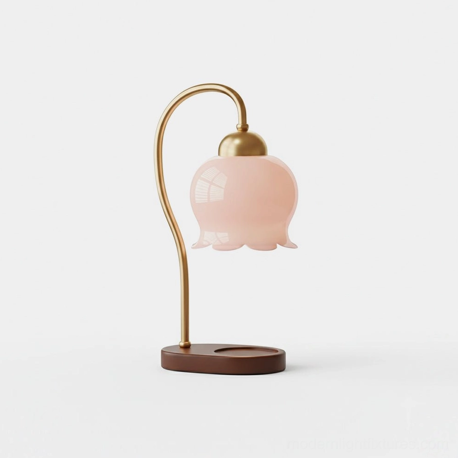 Meliora petal candle warmer table lamp front view with brass curved arm and pink glass shade