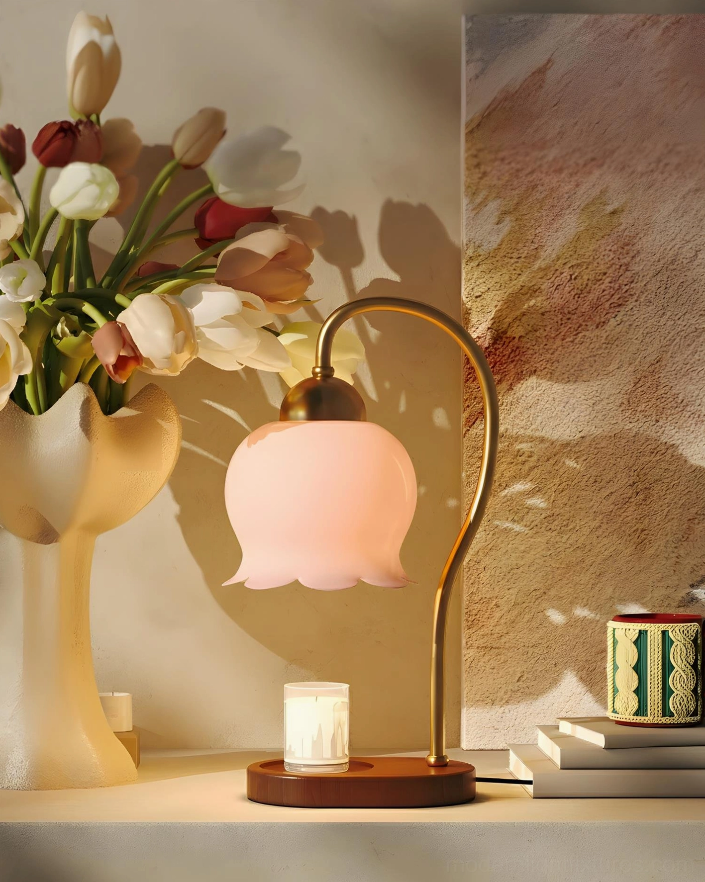 Meliora candle warmer lamp styled on decorative table with floral vase vintage home decor