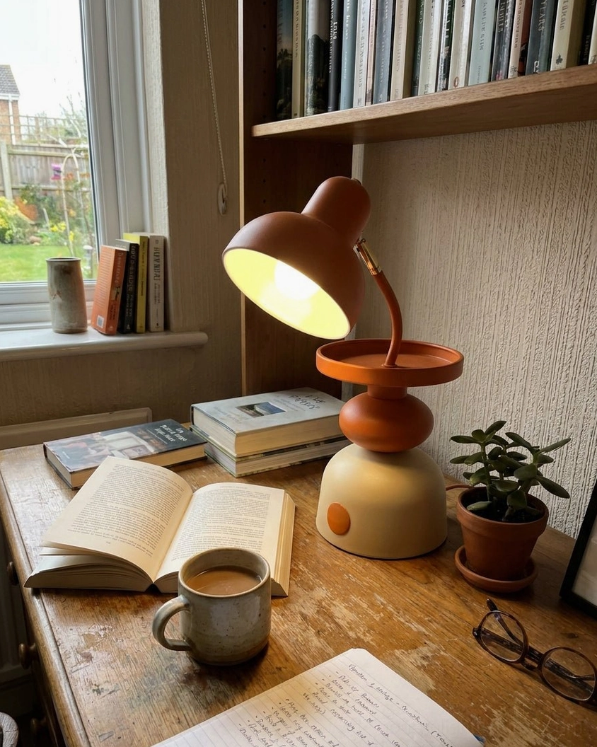 Two-tone Mello retro table lamp on warm wooden desk with coffee cup and stacked books