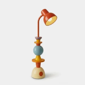Mello geometric floor lamp front view with stacked colorful metal spheres and cones, multicolor matte finish in cream red blue and yellow, space age modern lighting