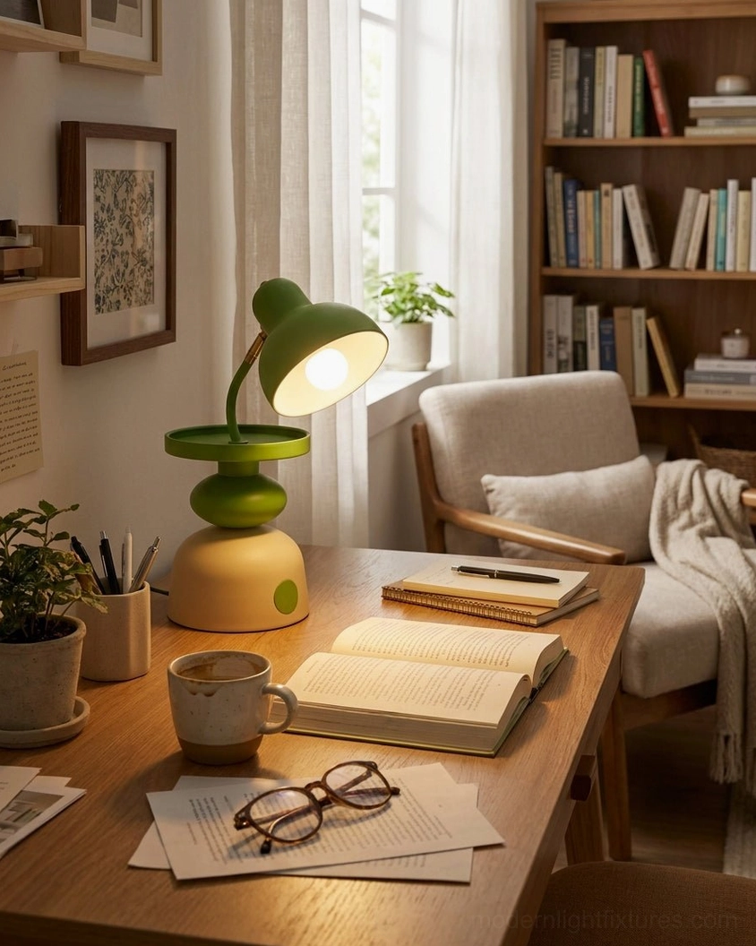 Green Mello adjustable table lamp on minimalist home office desk with stationery and books