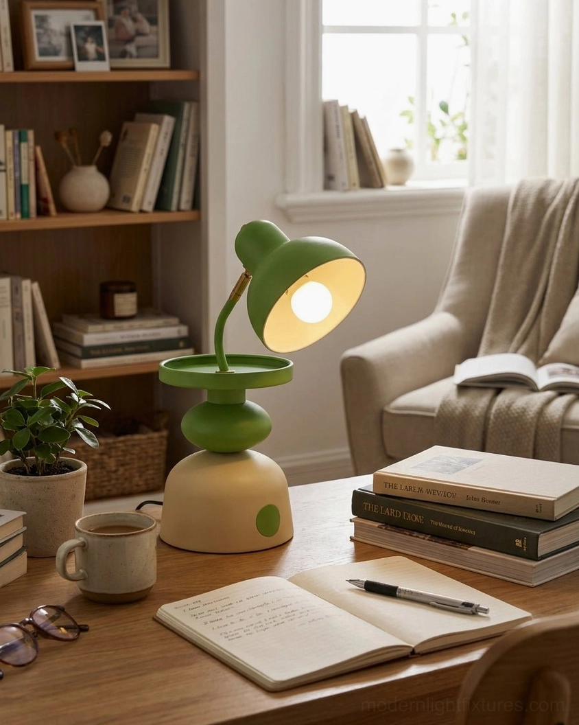 Matte green Mello adjustable table lamp on cozy home study desk with neutral warm decor