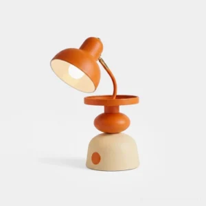 Mello adjustable table lamp with orange retro metal base and gooseneck arm on white background