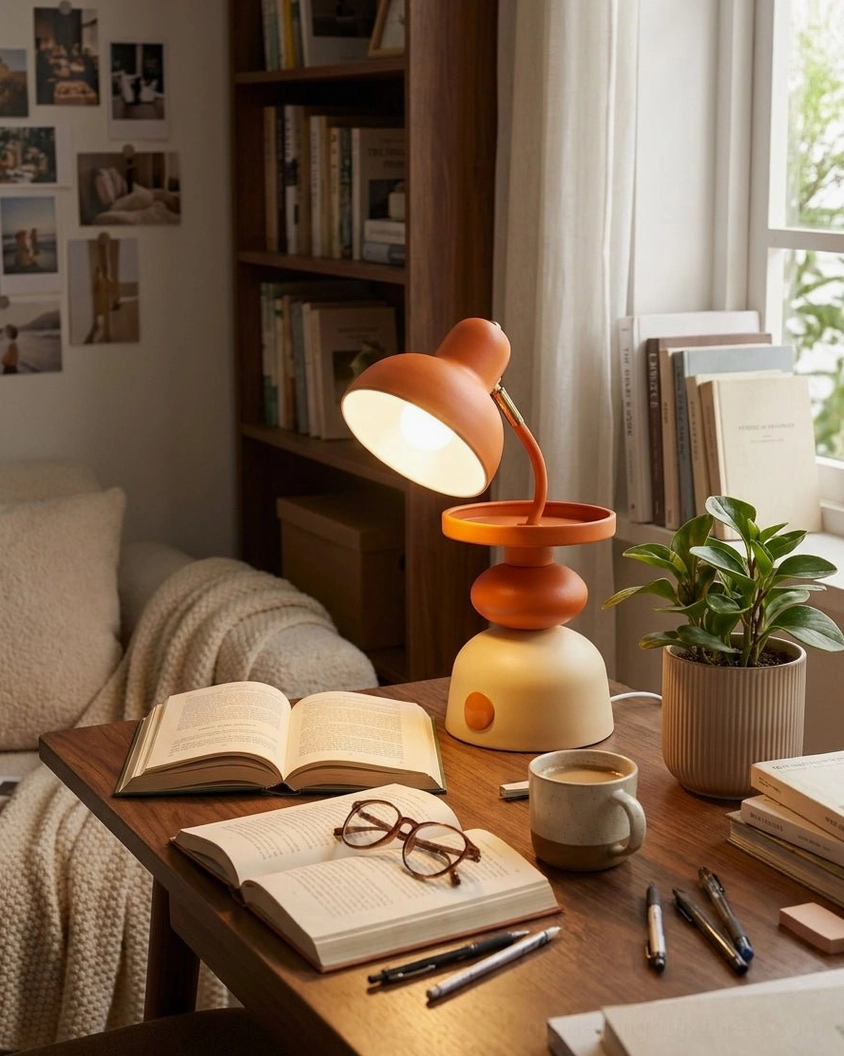 Orange Mello retro desk lamp on light wood study table with open books and stationery