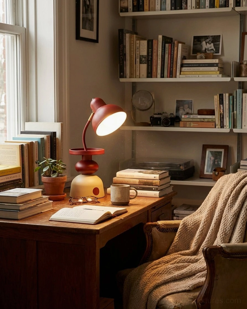 Burgundy retro Mello desk lamp on dark wood study table with stacked books and potted plant