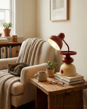 Burgundy red Mello table lamp on cozy living room side table next to armchair with cat