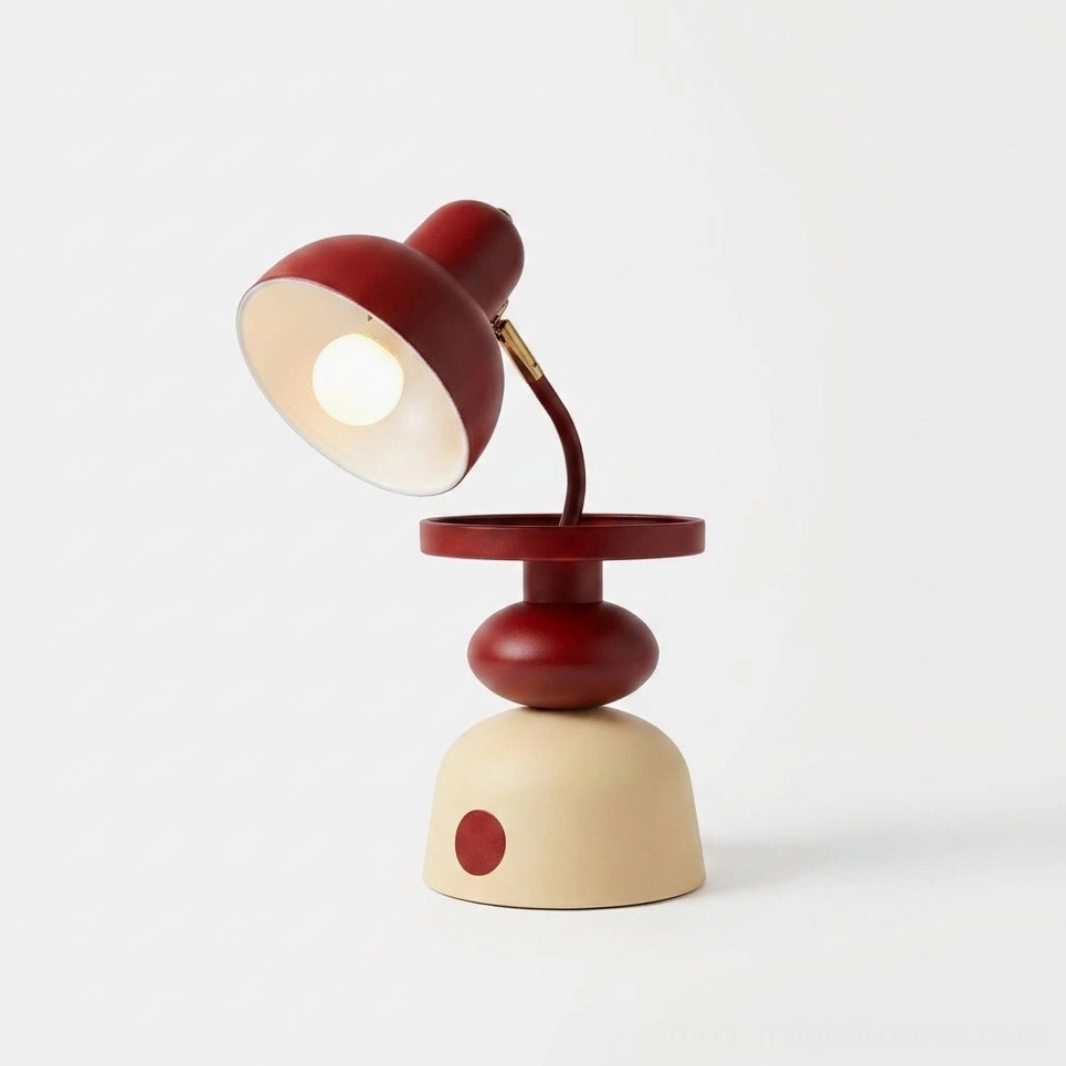 Mello retro red table lamp showcase with geometric stacked metal base and warm lighting