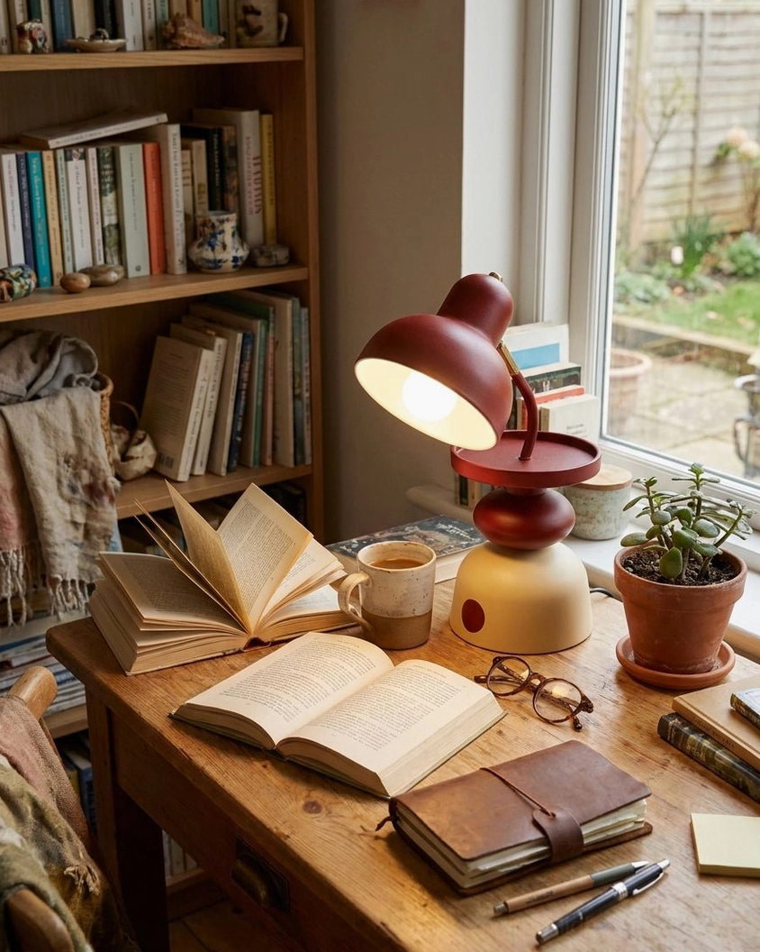 Dark red Mello retro table lamp on home study wooden desk with books and bookshelf
