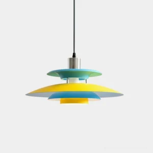 Mellowe mid-century colorblock pendant light with yellow, blue, and green tiered aluminum discs, front view on white background