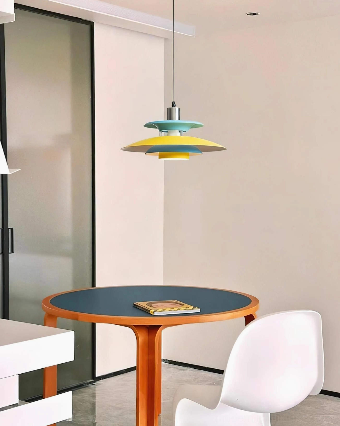 Mellowe mid-century modern pendant light featuring vibrant geometric color-blocking for contemporary home interiors