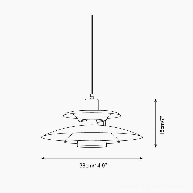 Technical dimension schematic of Mellowe pendant lamp showing 38cm diameter and 18cm height specifications