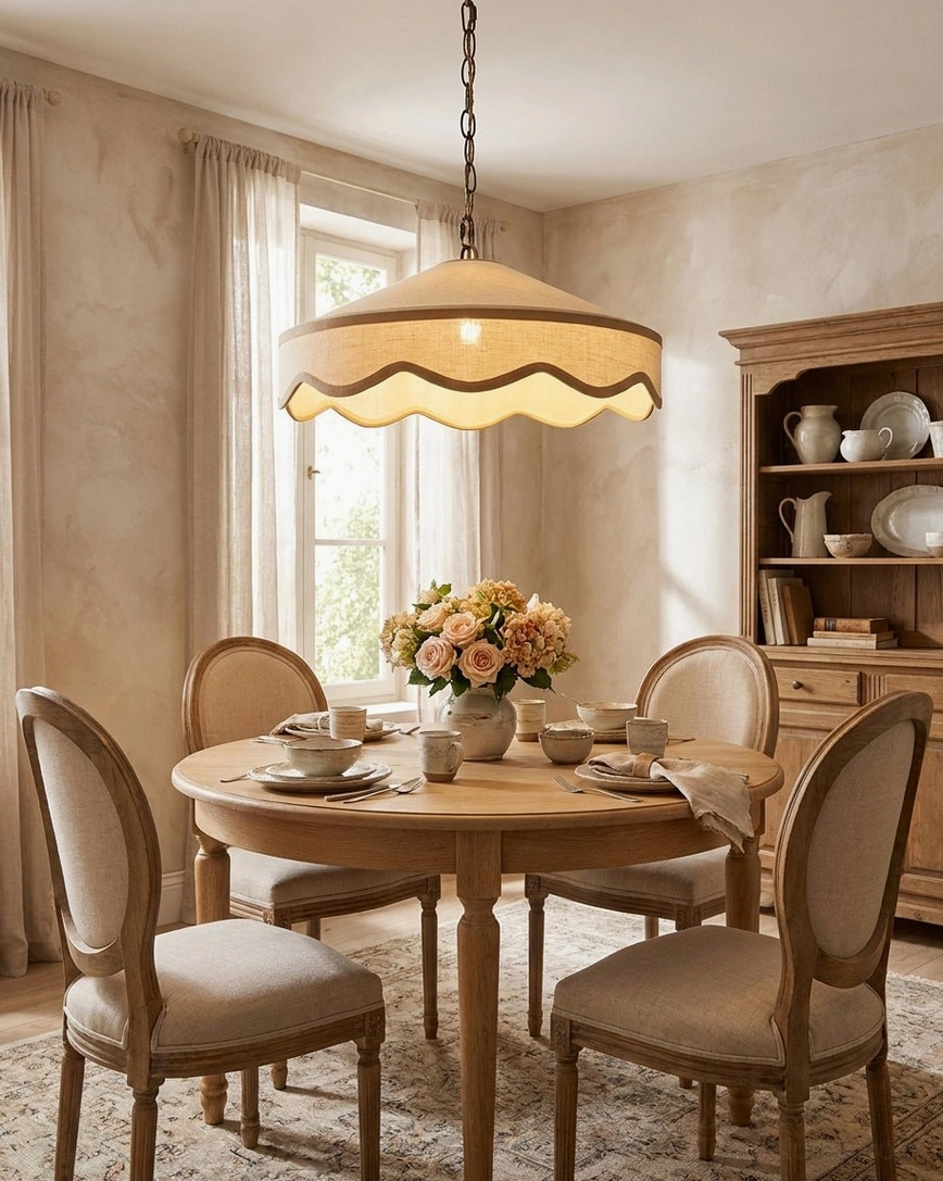 Mellune scalloped coolie pendant showing wavy hem detail and cream fabric texture with brass hardware