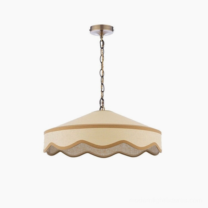 Mellune scalloped pendant light full view showing 60cm diameter cream fabric shade with brass adjustable chain