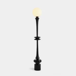 Melrose black spherical floor lamp with frosted glass orb and minimalist metal pole, frontal studio view