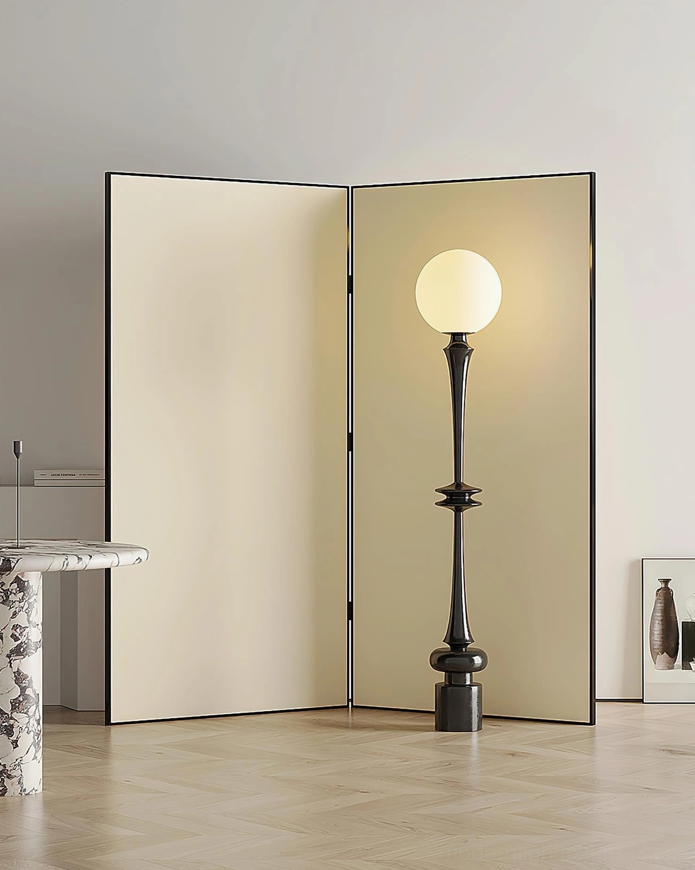 Black orb floor lamp in contemporary interior with folding screen, side angle view