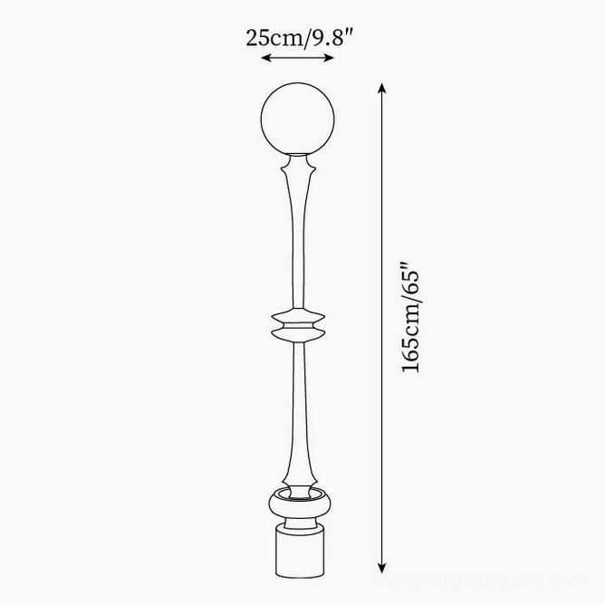 Technical orthographic line drawing of Melrose floor lamp showing dimensions 165cm height and 25cm shade diameter