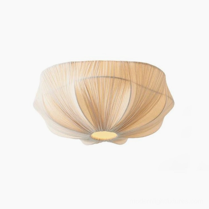 Melune beige pleated gathered fabric dome flush mount ceiling light, product detail shot warm white bulbs