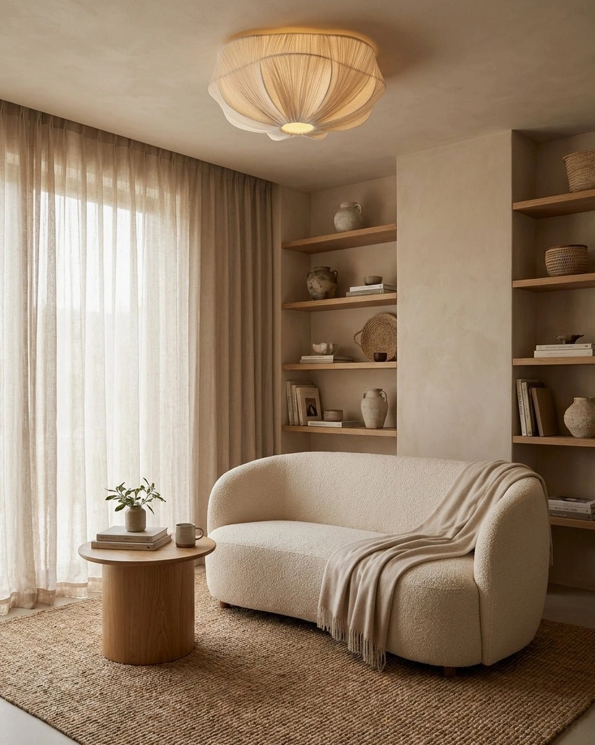 Melune pleated fabric dome flush mount in casual sitting lounge with warm built-in shelves and neutral palette
