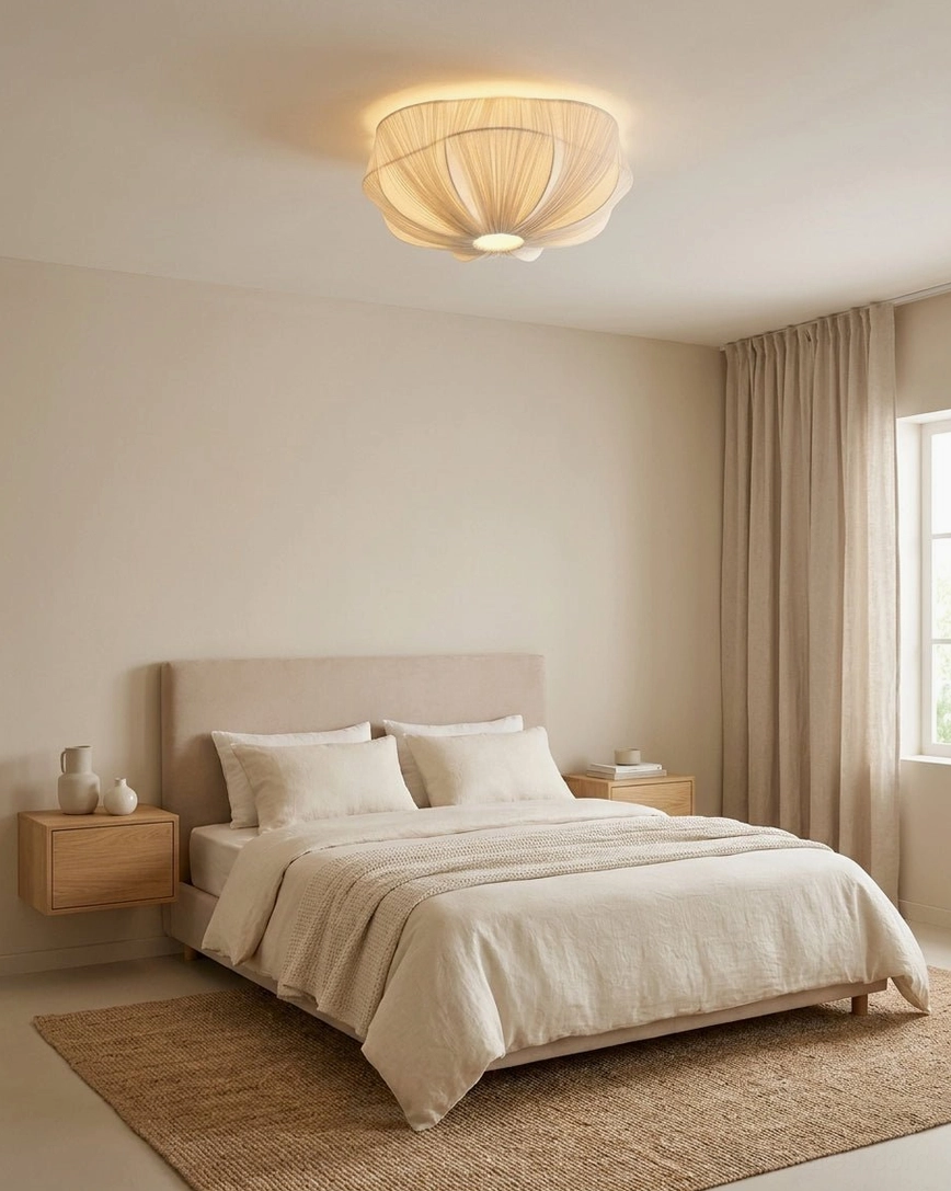 Melune ceiling light fixture illuminating master bedroom with soft warm glow, neutral tufted headboard design