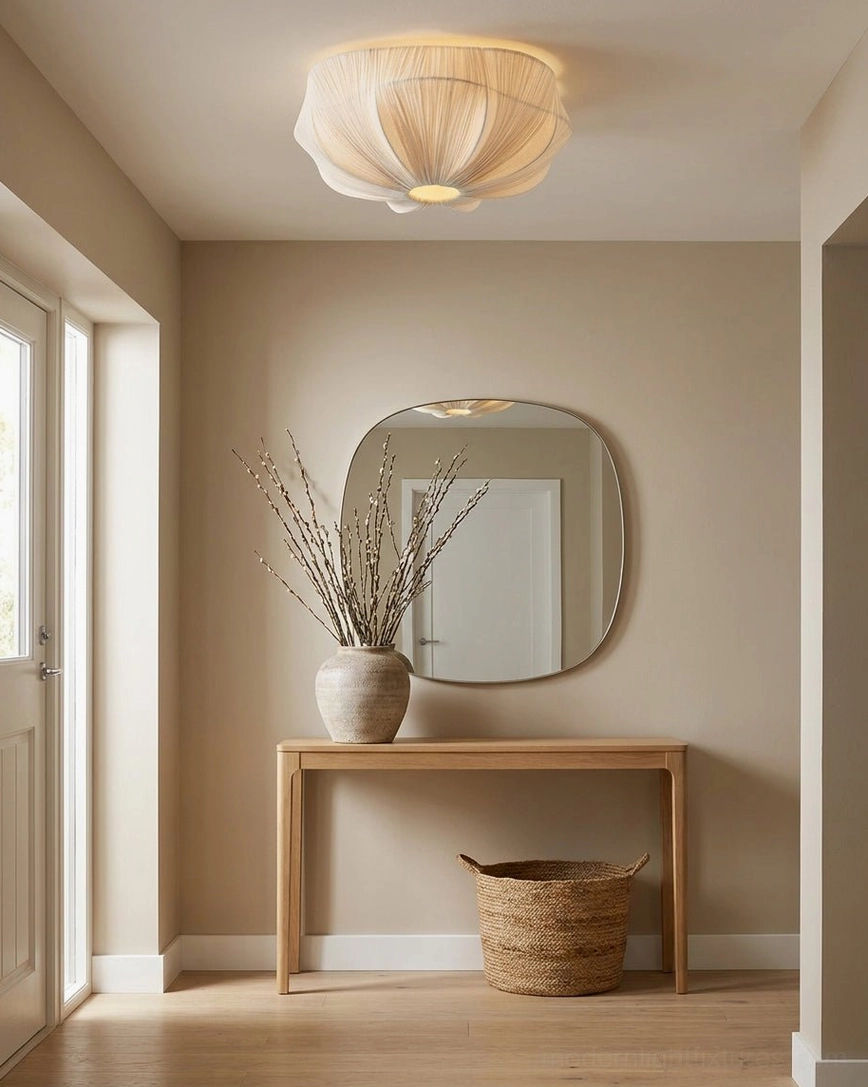Melune fabric dome flush mount in entryway with console table, warm wood tones, and neutral wall palette