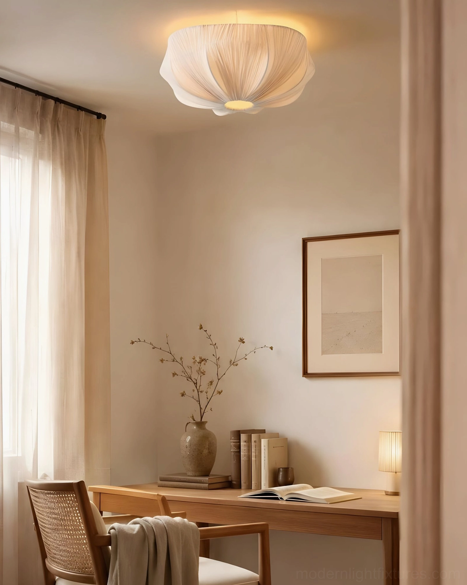 Melune cream pleated fabric dome light fixture installed close to ceiling, flush mount canopy detail