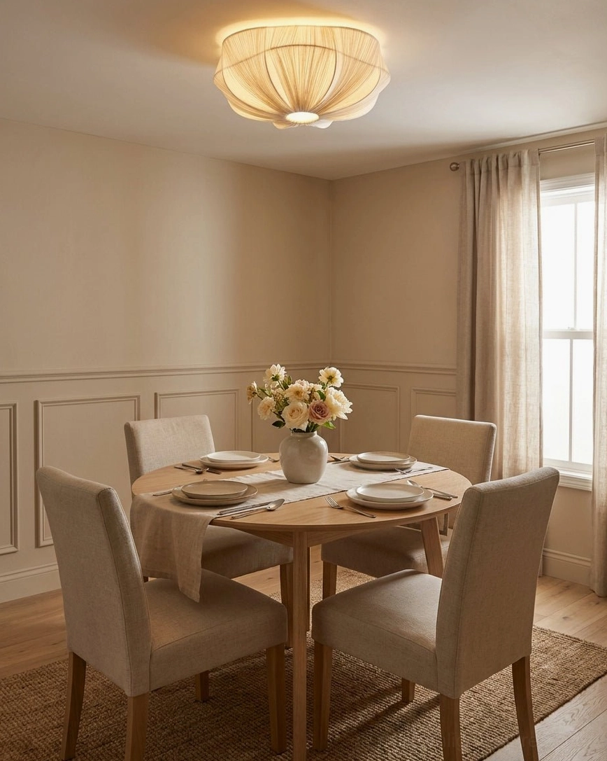 Melune scalloped fabric dome light mounted over wooden dining table and nook, warm white illumination
