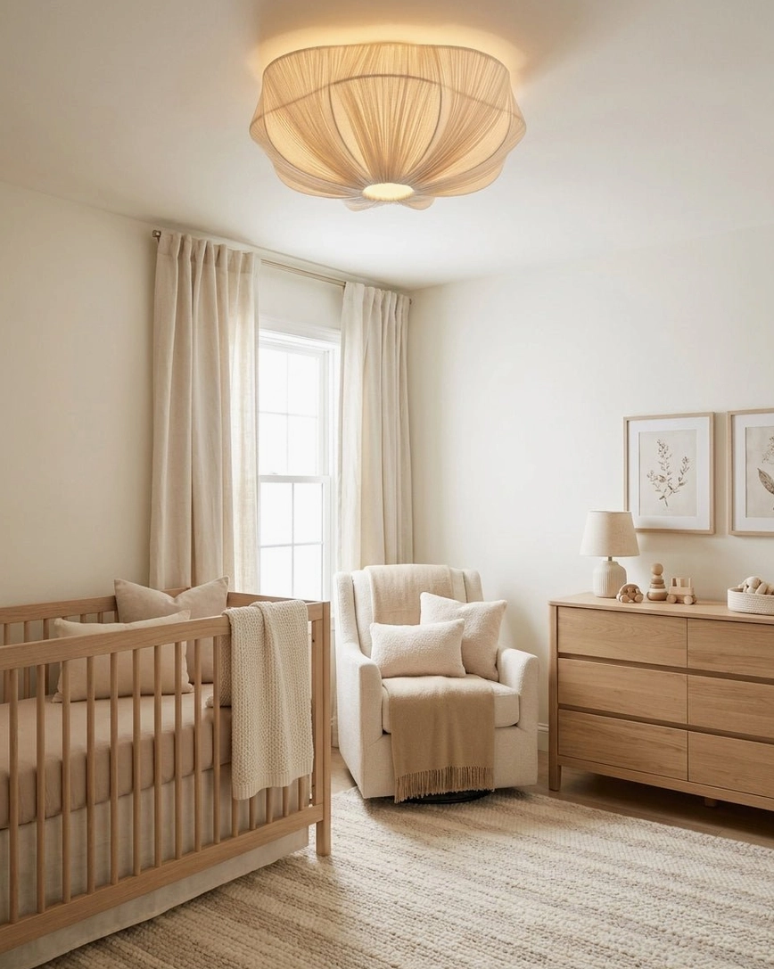 Melune fabric dome flush mount in minimalist warm beige nursery with soft ambient lighting and neutral decor