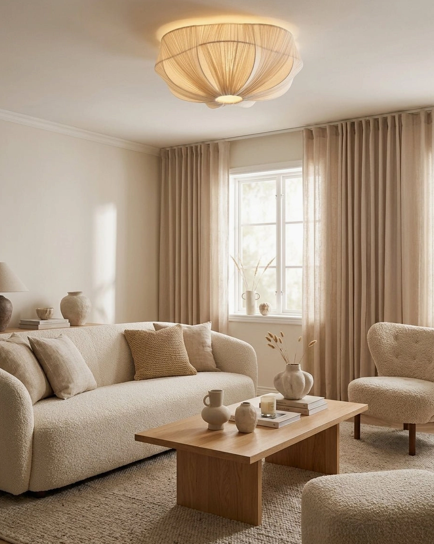 Melune scalloped fabric dome light above boucle sofa and wooden coffee table in formal living room