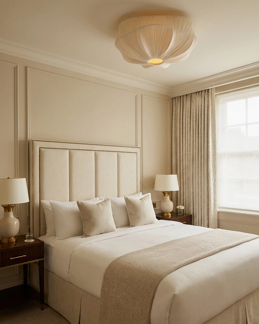 Melune cream pleated fabric dome ceiling light in luxury master bedroom with soft warm ambient lighting