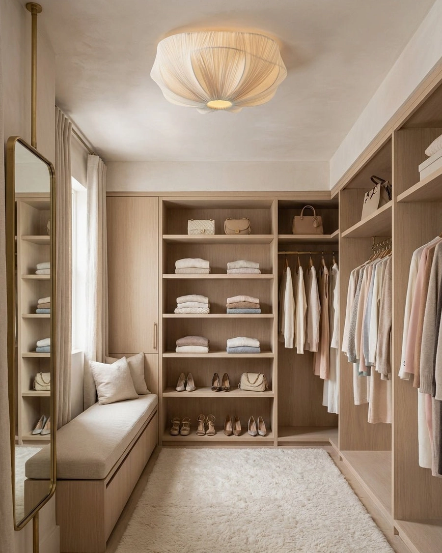 Melune flush mount ceiling light fixture illuminating organized walk-in closet with neutral storage design