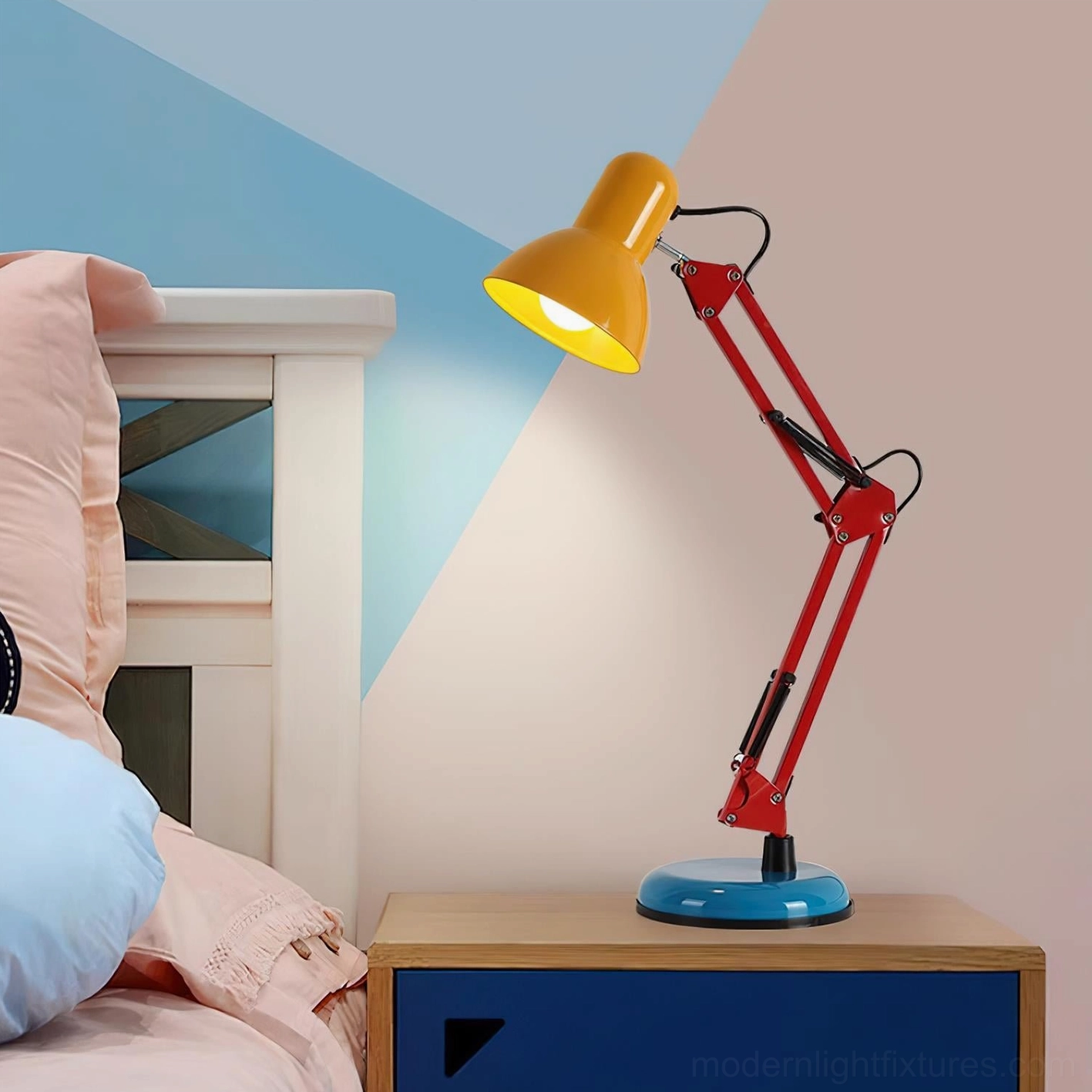 Memphis table lamp arm extension demonstration - fully articulated mechanical swing arm showing range of motion for flexible task lighting positions