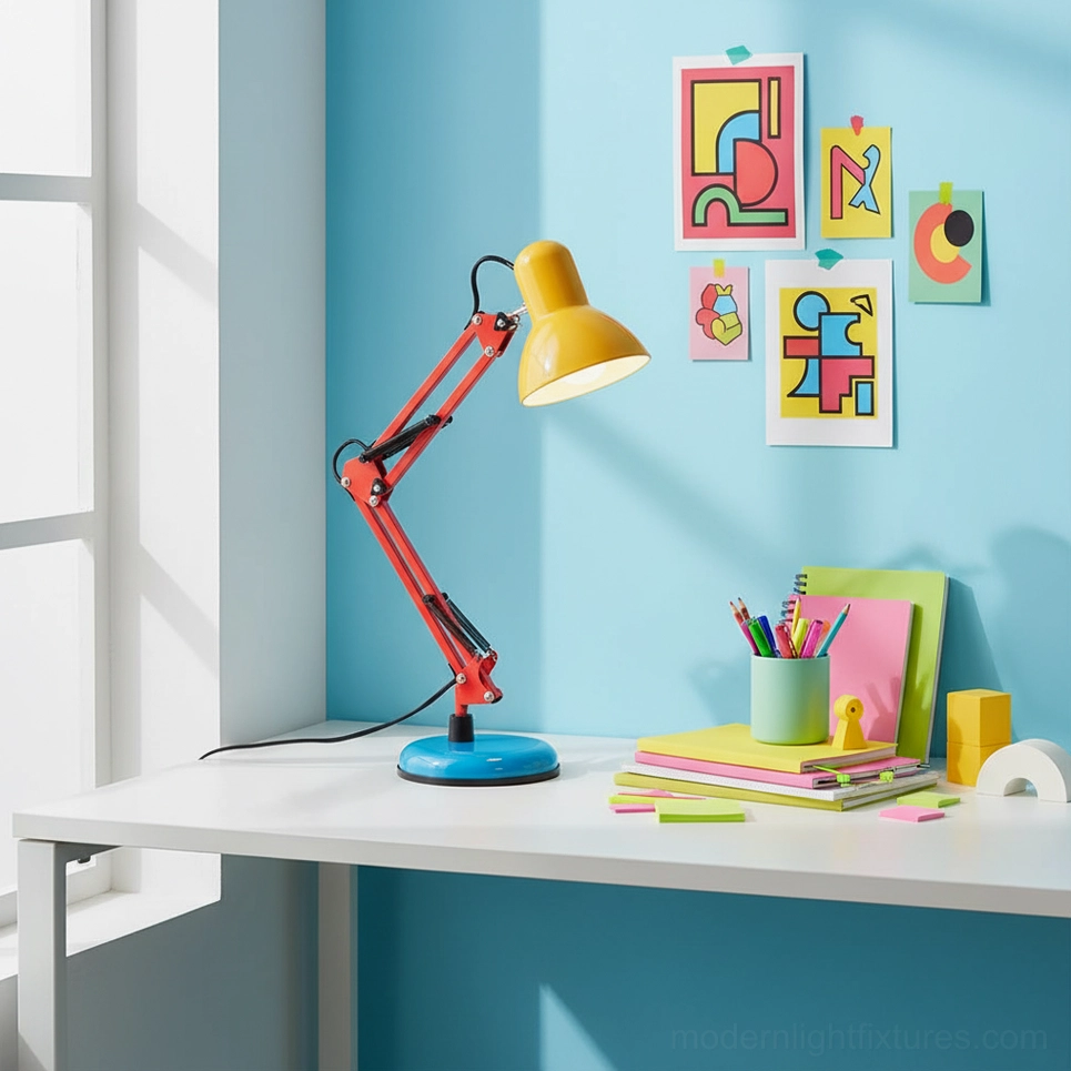 Memphis table lamp with yellow shade and red articulated arm - close-up detail of modern postmodern desk lamp construction and color blocking design