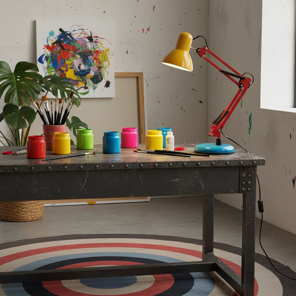 Memphis-style table lamp surrounded by paint cans, brushes, and art supplies in creative studio - bold colored designer task lighting for painters and creatives