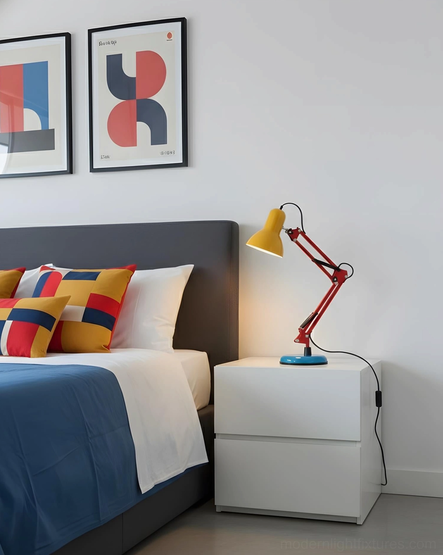 Memphis desk lamp shown at different angles displaying full range of motion - adjustable mechanical arm for task and ambient lighting modes