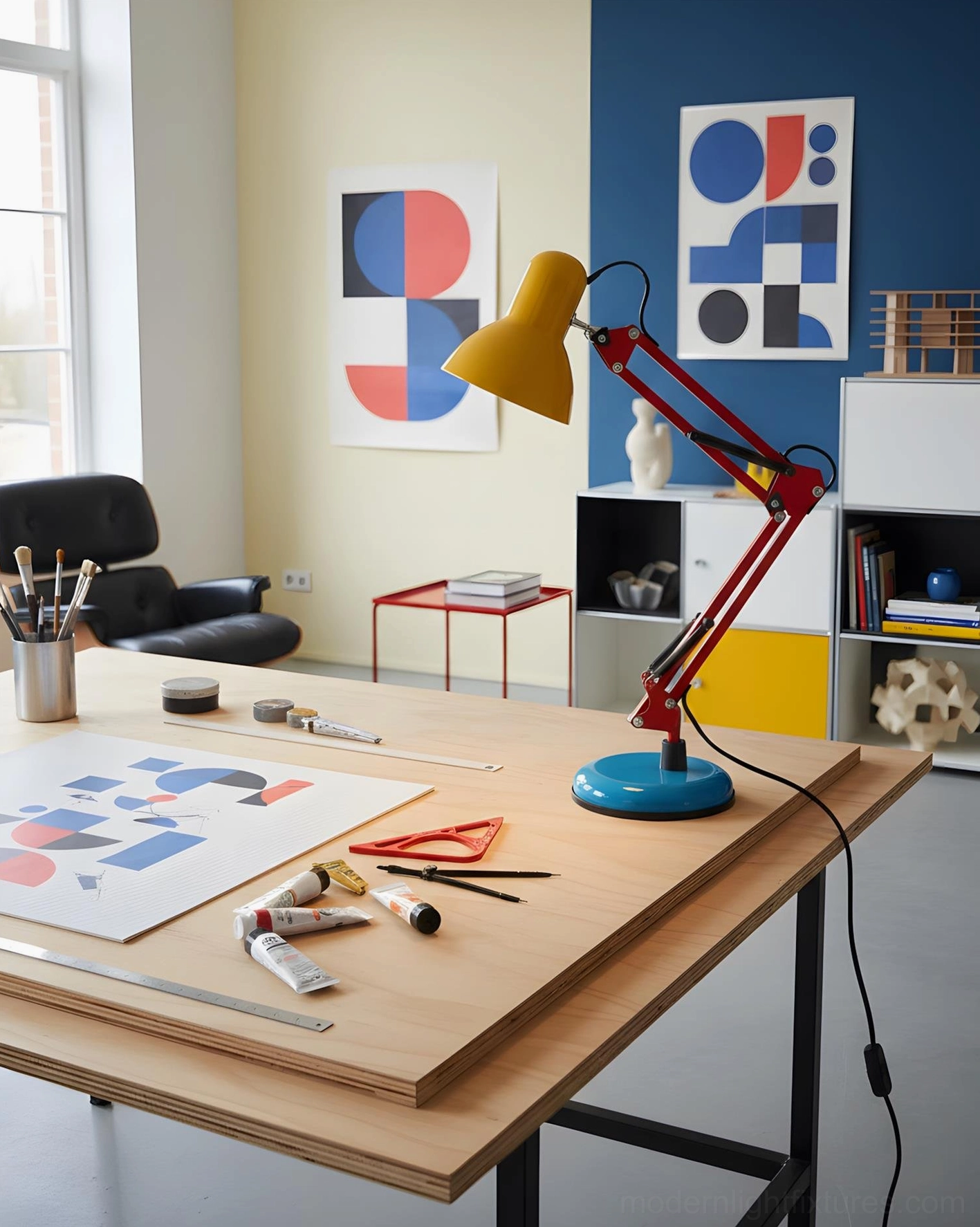 Memphis desk lamp in artist studio workbench with art tools, drawing supplies, and abstract wall art - postmodern creative professional lighting