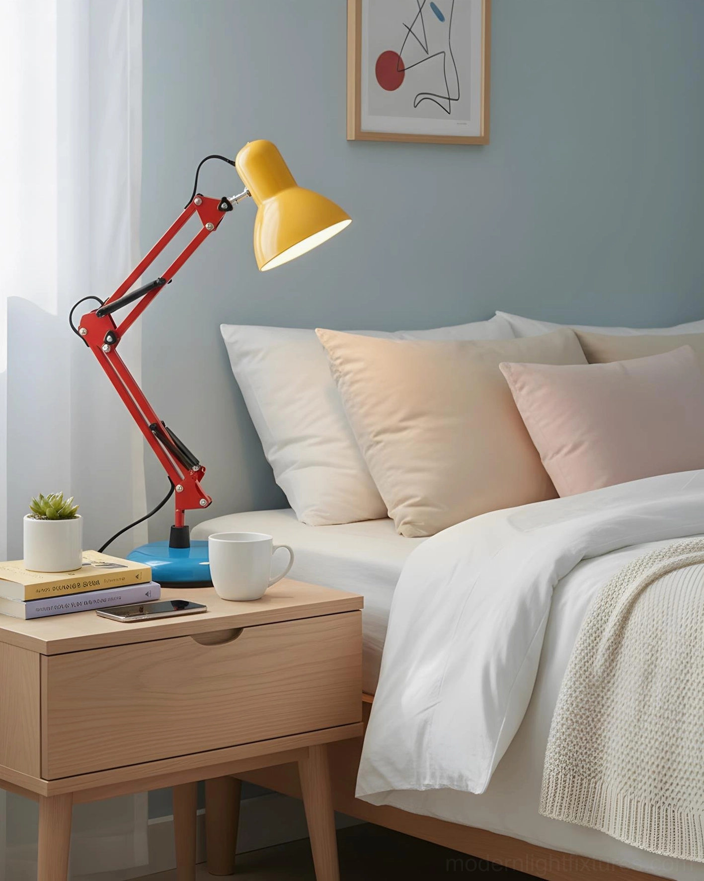 Memphis desk lamp base detail - cobalt blue round metal base with integrated socket housing and mechanical arm joint connection