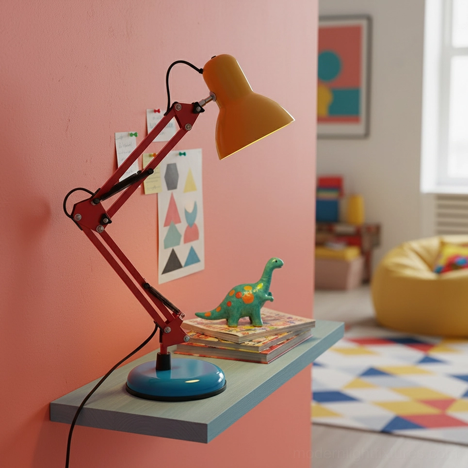 Memphis table lamp displayed on bookshelf between books and decorative objects - compact designer accent lighting for shelving and display