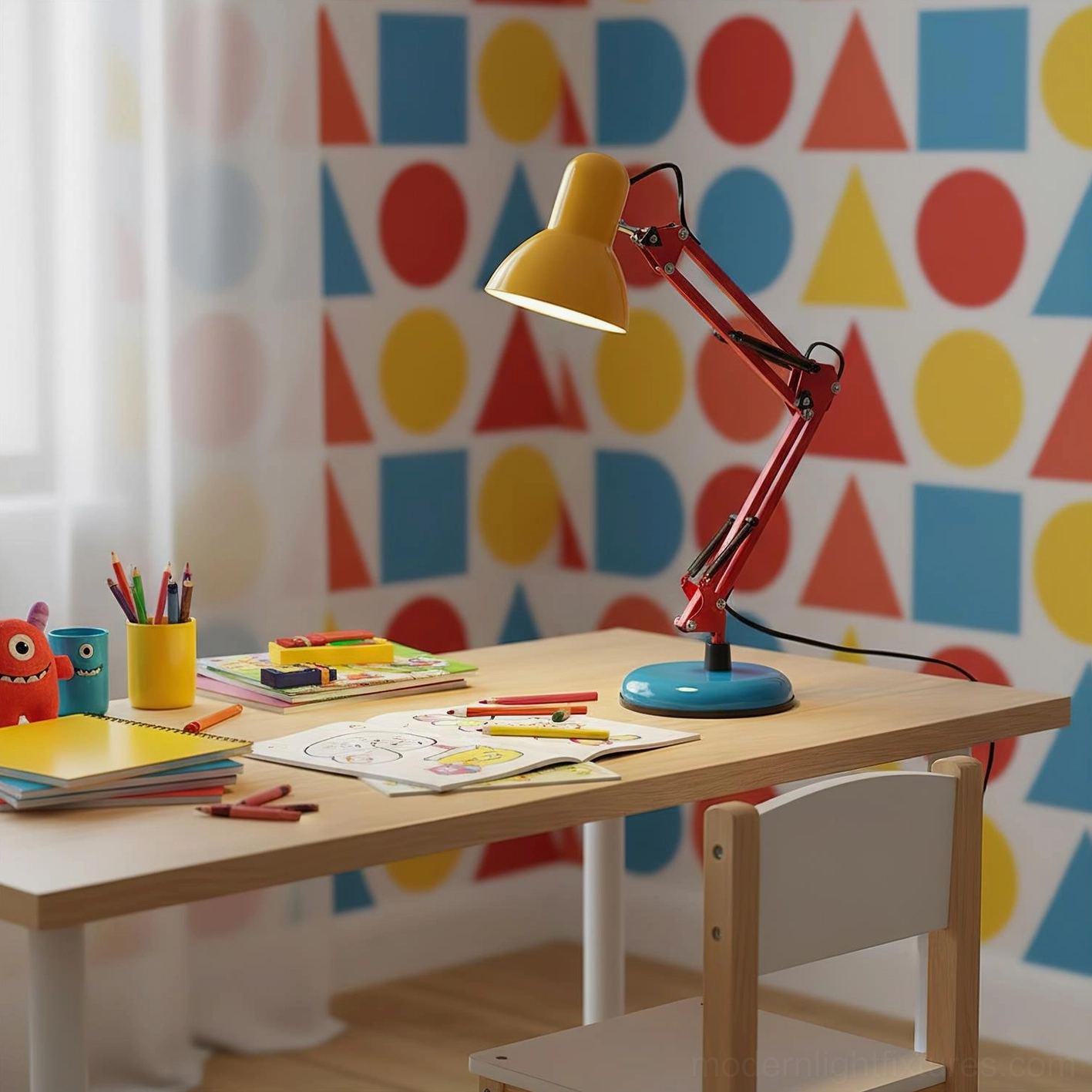 Memphis table lamp full product shot showing cobalt blue base, red articulating arm, and yellow lampshade - complete modern desk lamp view