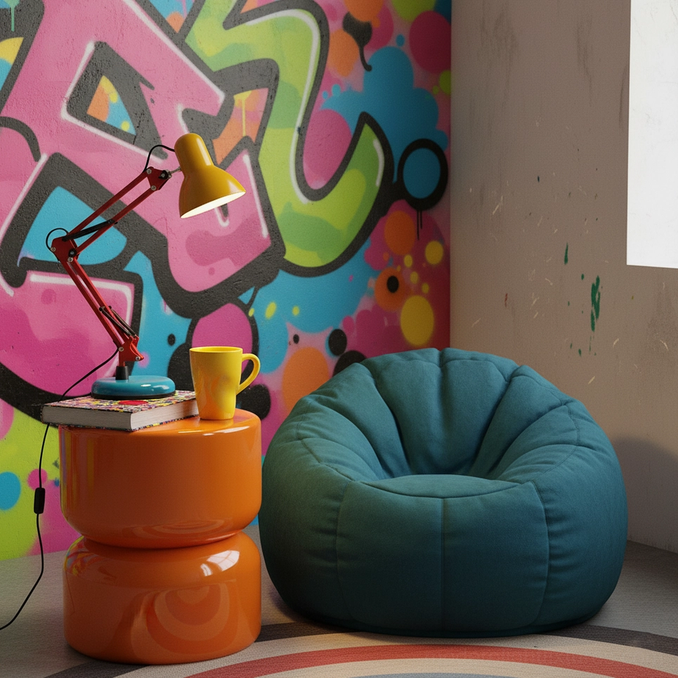 Memphis table lamp positioned on contemporary workspace desk - modern postmodern designer lighting fixture for home office and creative professionals
