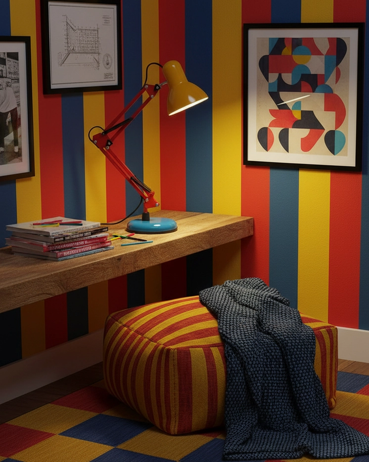 Memphis-style table lamp detail showing power cord and push-button switch - functional design elements of modern postmodern desk lamp