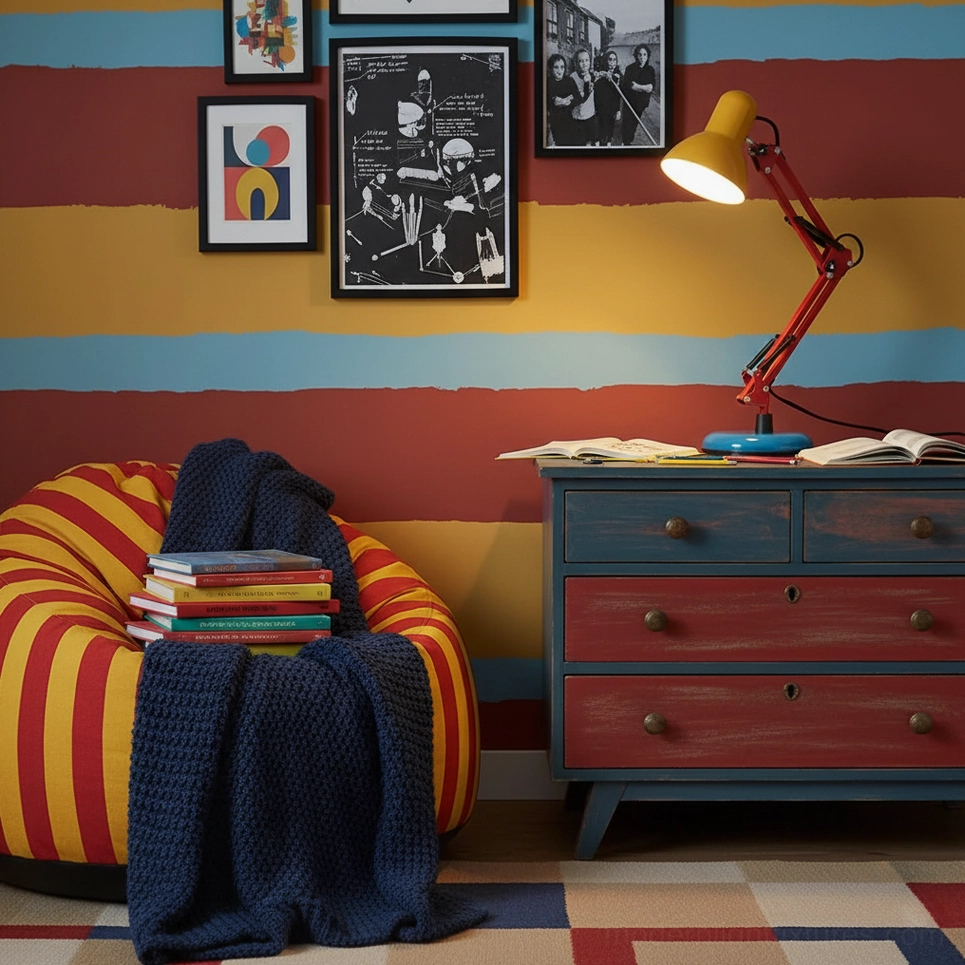 Memphis-style desk lamp in creative workspace with inspiration board and design materials - designer task lighting for artistic professionals