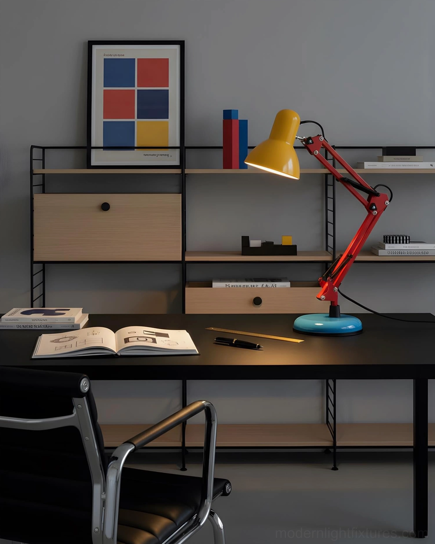 Memphis desk lamp styled in contemporary home interior - bold primary color design accent for modern eclectic room decoration and designer aesthetic