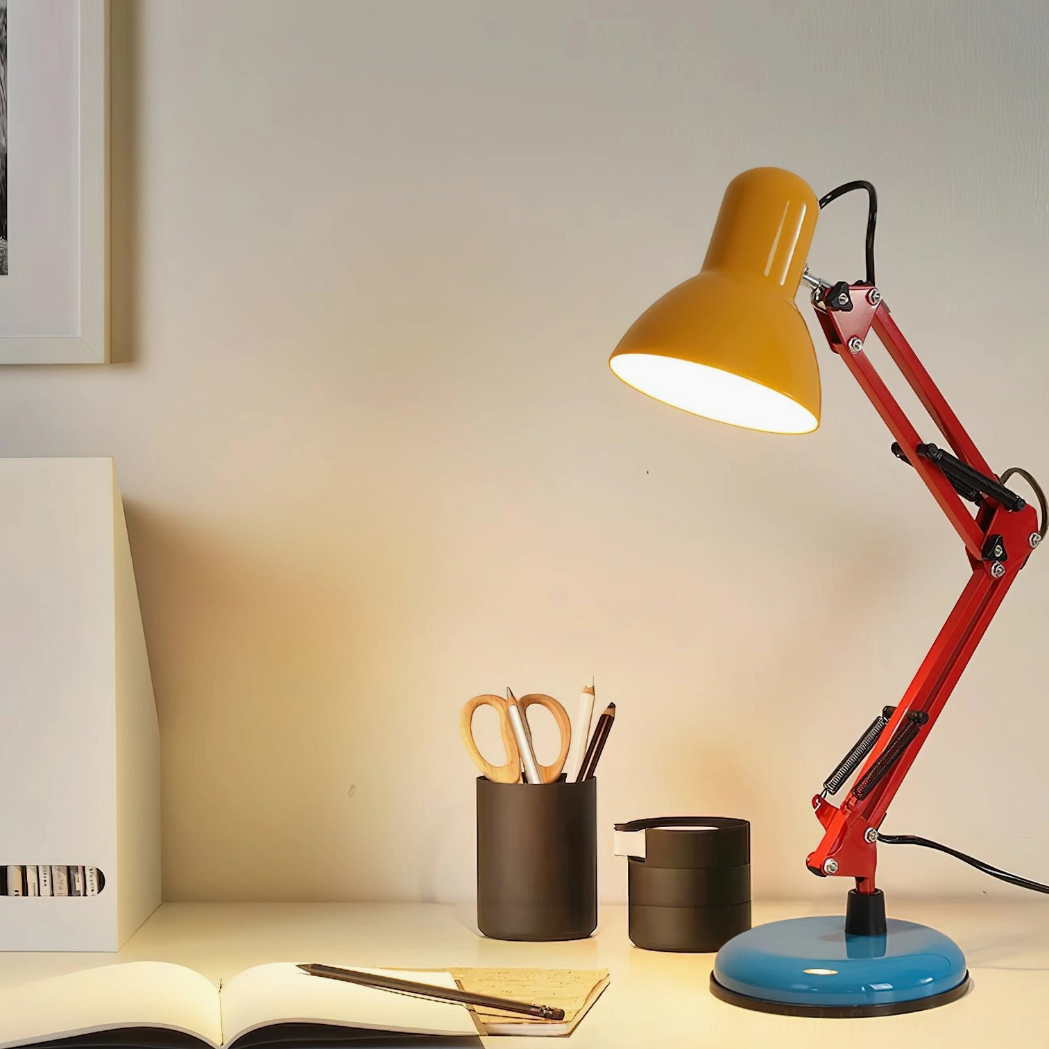 Memphis table lamp positioned on home office desk workspace with stationery and supplies - modern designer desk lighting for work and productivity