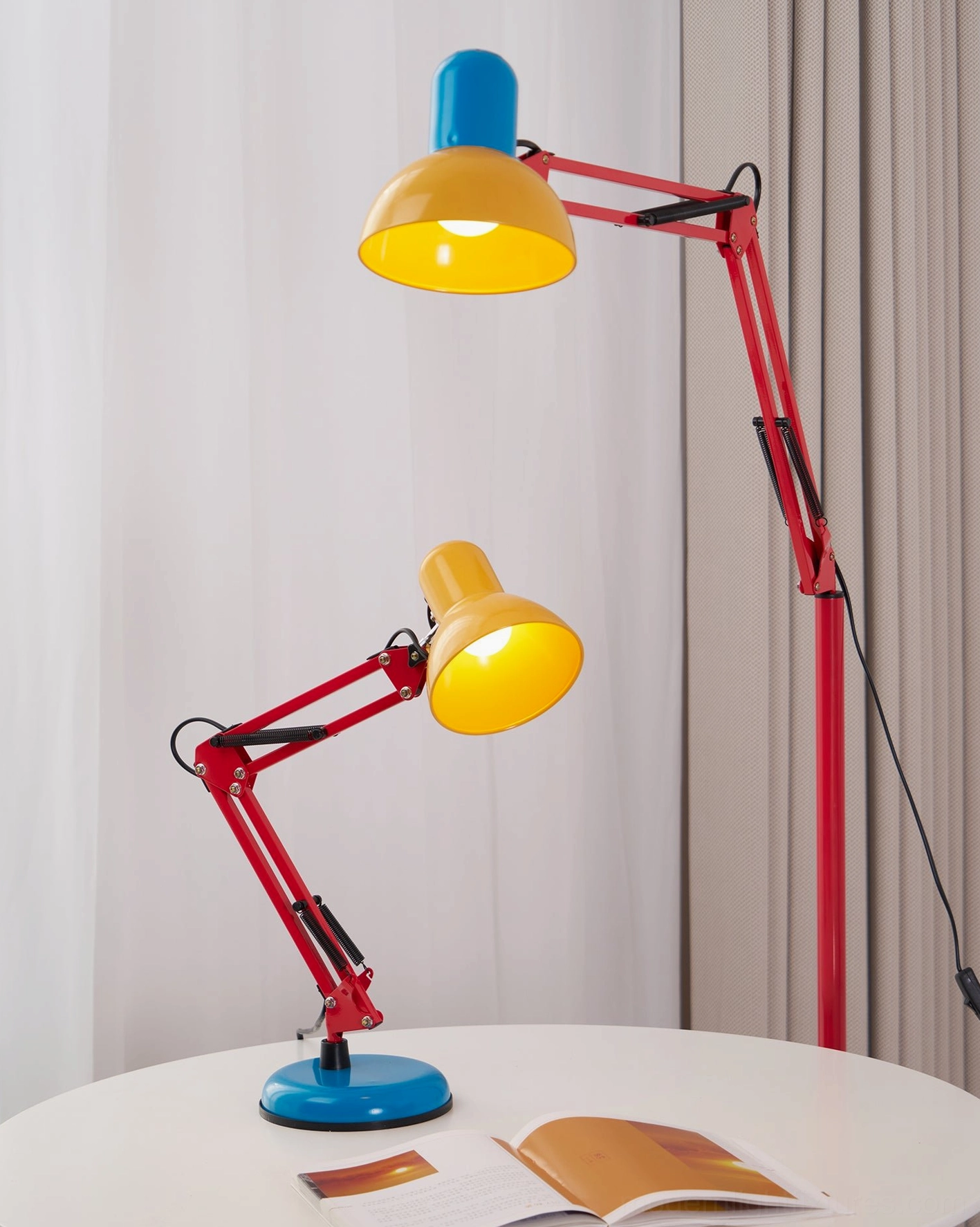 Memphis table lamp industrial modern hybrid aesthetic - metal construction mechanical arm combined with postmodern color blocking design