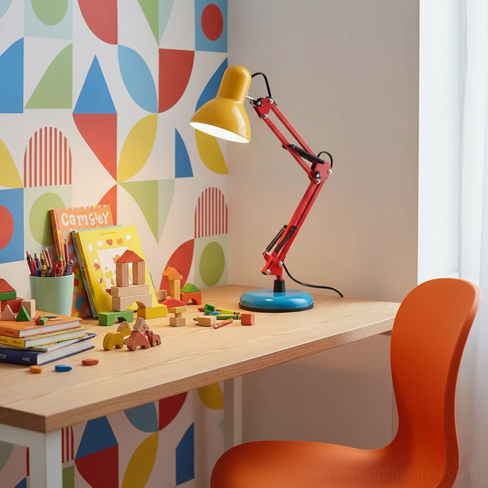 Memphis table lamp on children's craft desk surrounded by building blocks and colorful stationery - bright creative workspace lighting for kids and makers