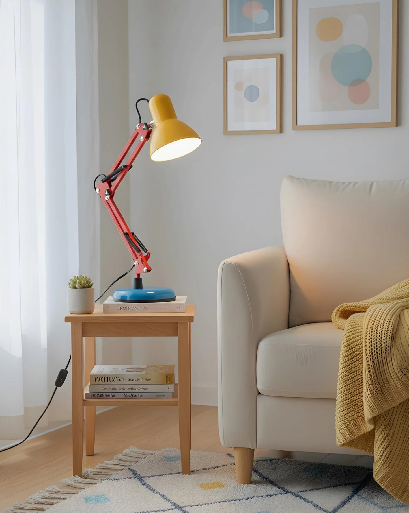 Memphis-style desk lamp on wooden side table in modern living room with beige sofa and wall art - compact designer accent lighting for living spaces