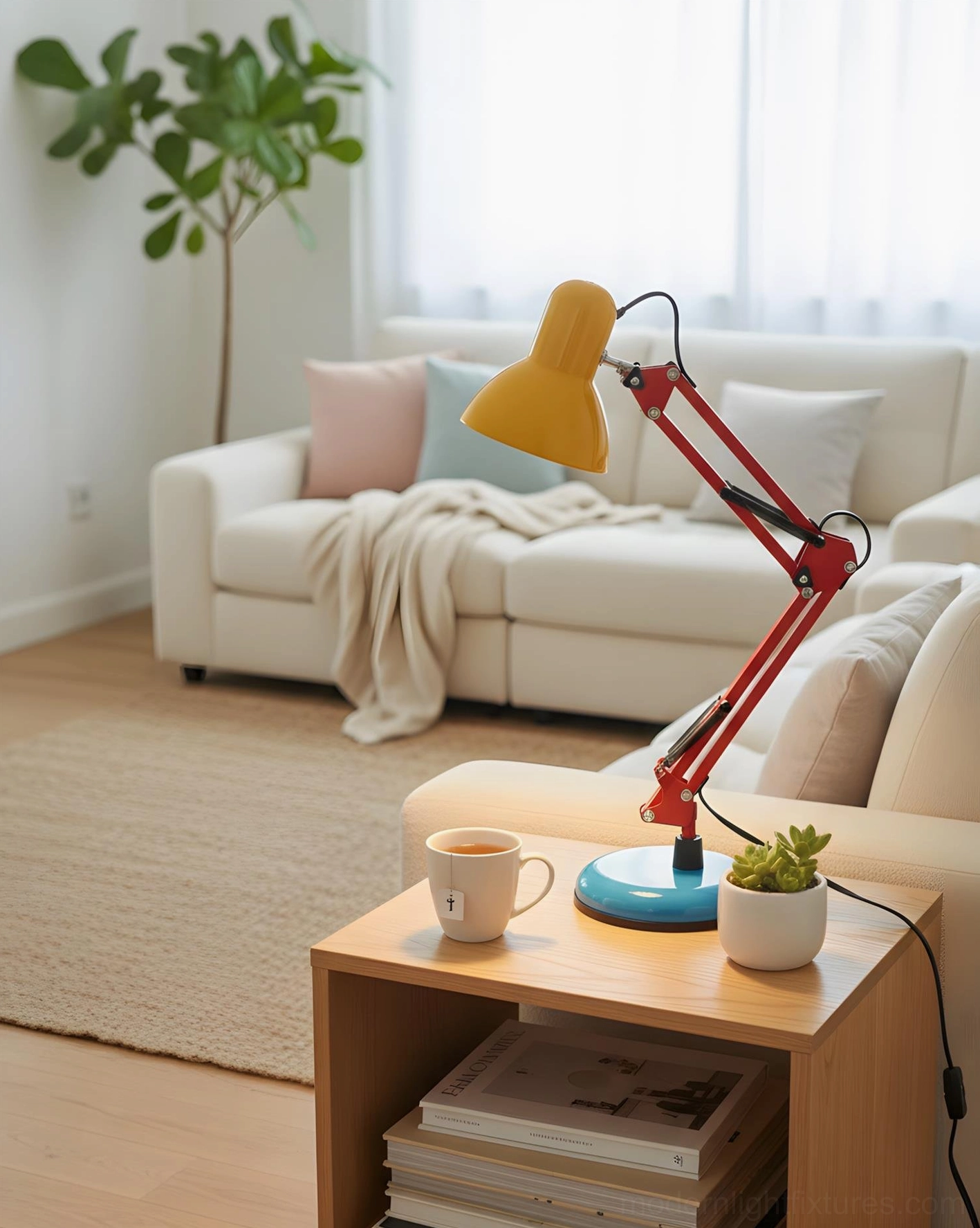 Memphis-style desk lamp styled on minimalist surface - postmodern accent lighting against clean contemporary interior design background