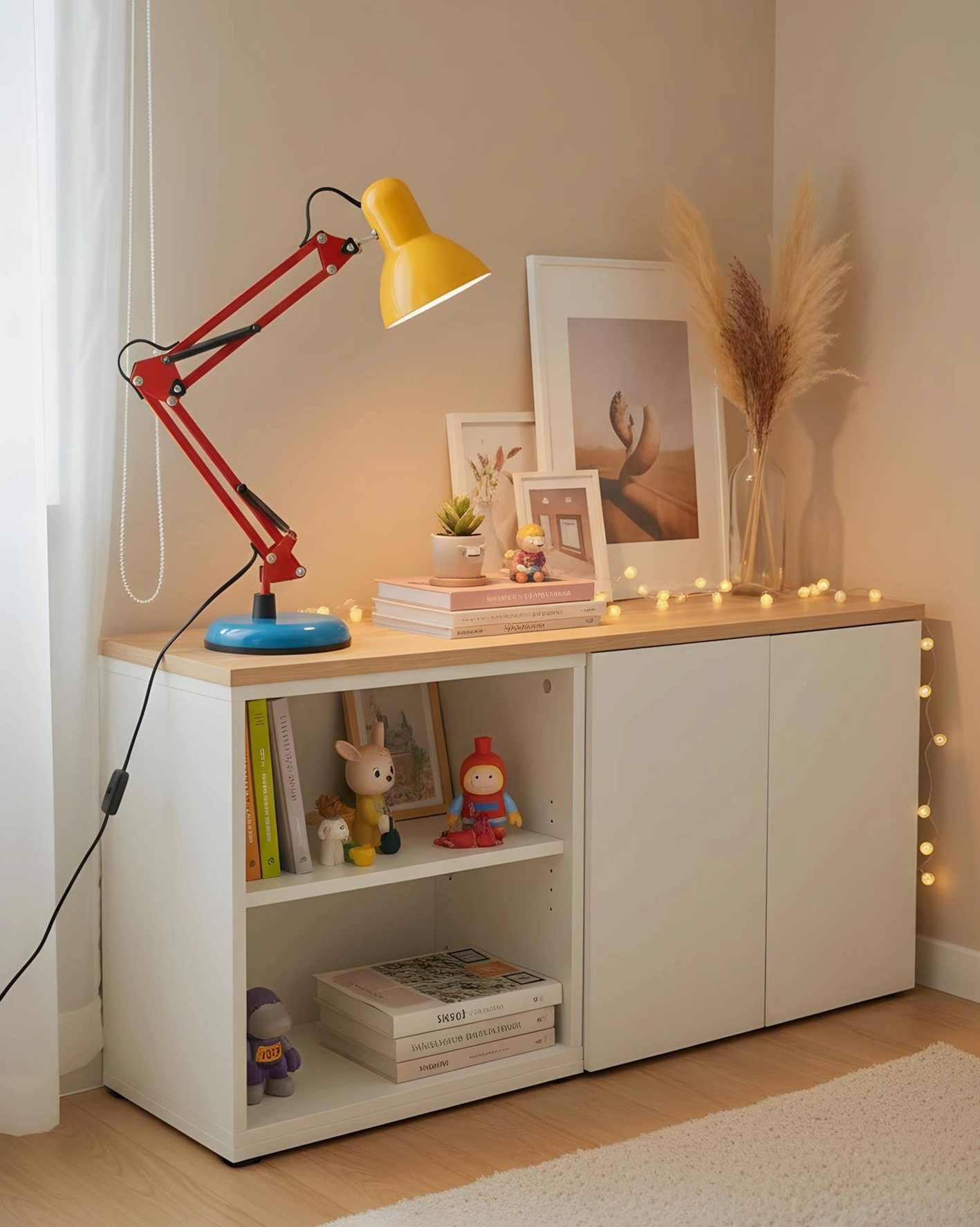 Memphis table lamp angled for task lighting position - adjustable mechanical arm positioned for focused desk work and reading illumination