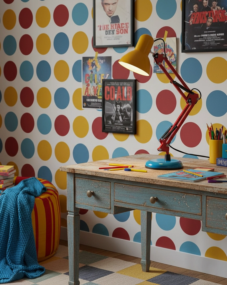 Memphis desk lamp positioned on white work surface showing silhouette - modern postmodern table lamp design lines and color blocking composition